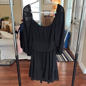 Black Smocked Cocktail Sundress with 3/4 Bishop Sleeves